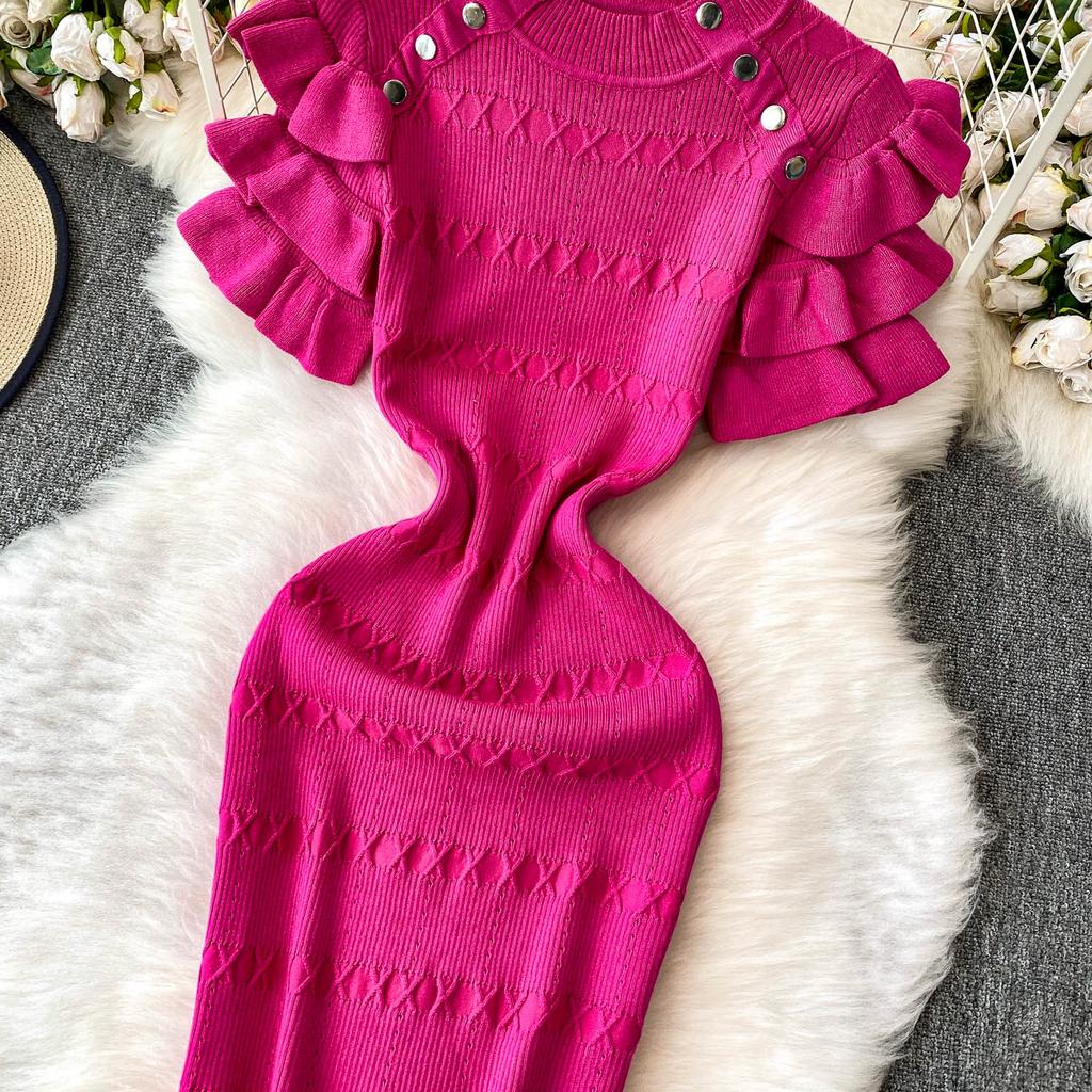 Summer Women Elegant Ruffle Metal Button Office Work Knitted Sheath Sweater Mini Dresses