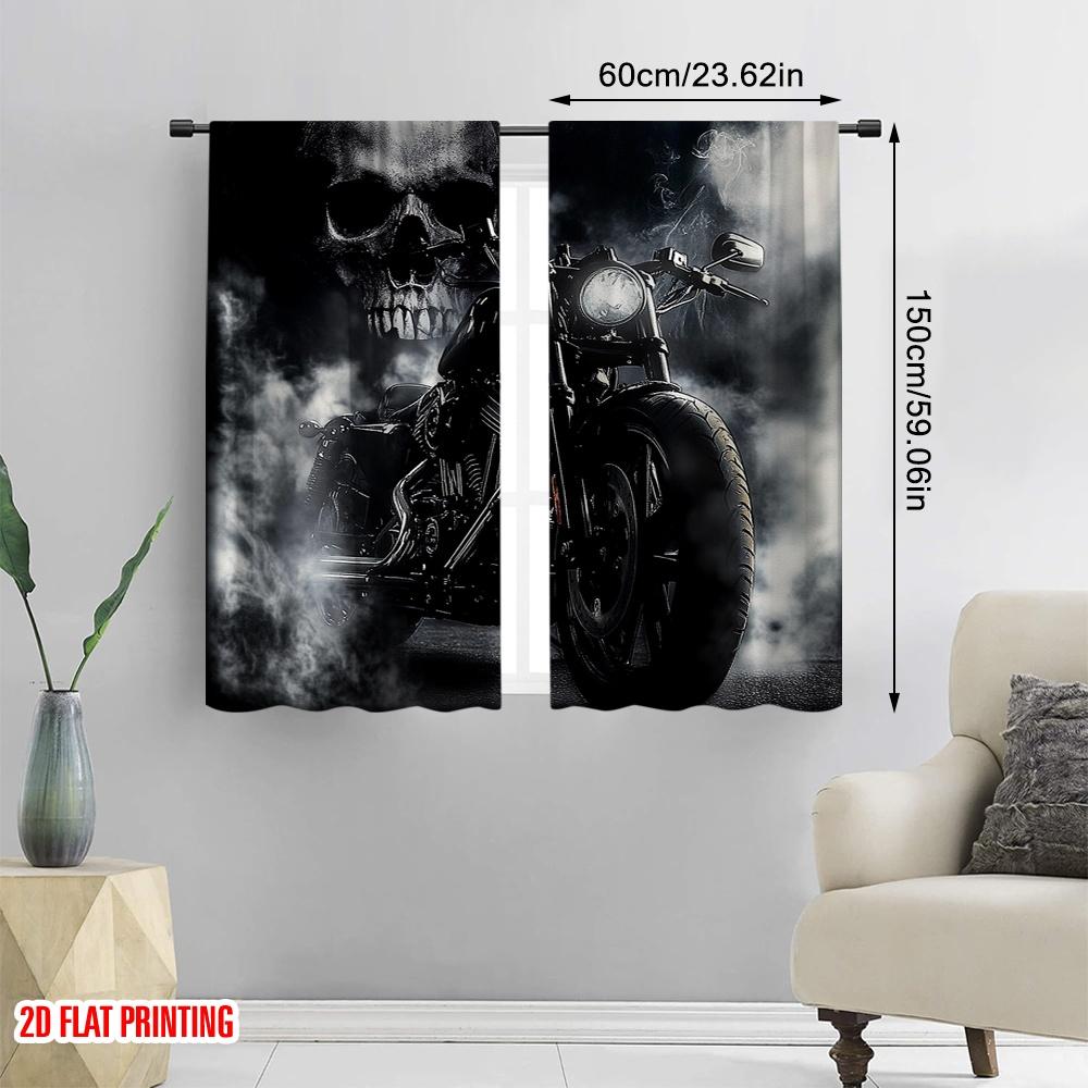 2D Flat Printing 2Pcs Black Motorcycle Rider Curtain Gray Skull And Mist Curtain Extreme Sport For Bedroom Living Room And