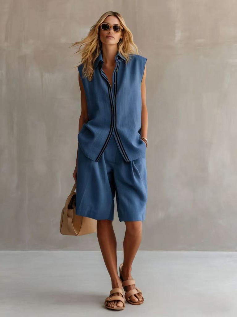Women Linen Sleeveless Shirt And Shorts Set Summer Casual