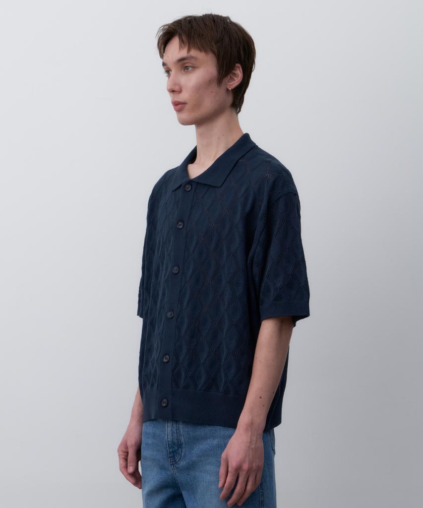 LEARVE Pradel Argyle Short Sleeve Cardigan (Avocado, Navy)