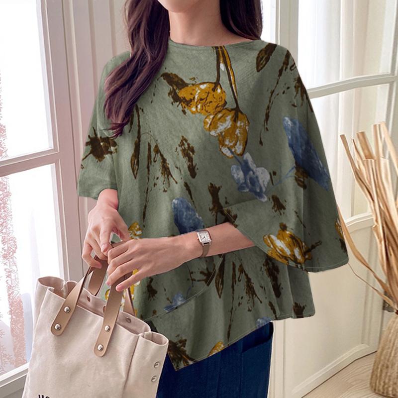 ZANZEA Women Casual Crew Neck Cape Shape Short Sleeve Print Blouse
