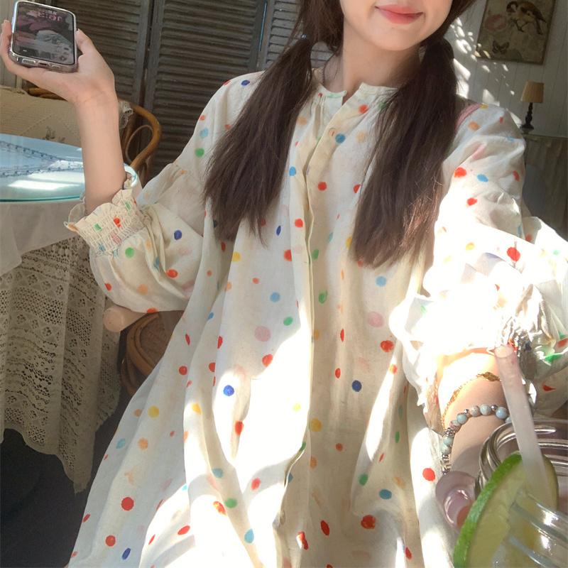 

Красочное платье с принтом в горошек с длинным рукавом, женское летнее милое дизайнерское свободное короткое платье 2XL