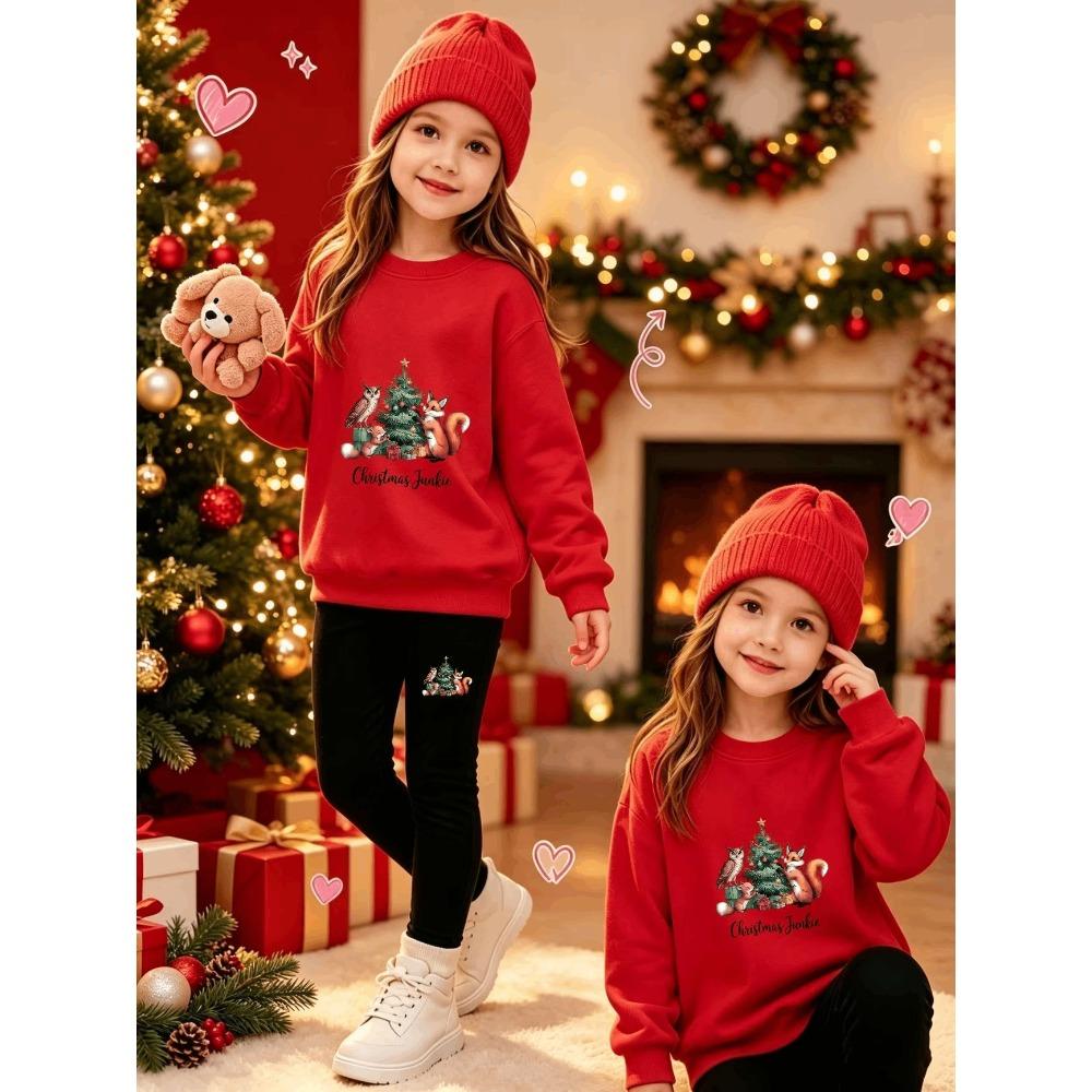 Girls' Christmas Tree Casual Comfortable Soft Loose Pullover Sweatshirt and Leggings 2-Piece Set, New Autumn/Winter, Playful, Sweet and Cool Style