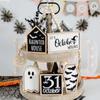 6pcs Eco-friendly Halloween Tiered Tray Decor Set Wooden Desktop Ornaments  Haunted House