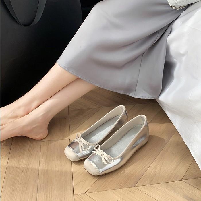 Cowhide version~ Silver leather inner height increase square head ballet French Mary Jane shoes bow single shoes women's flat bottom