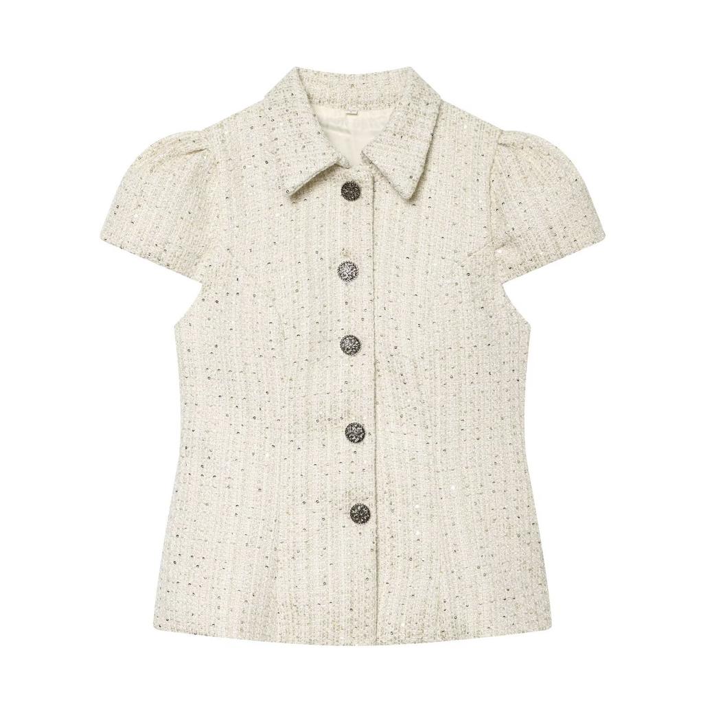 Spring and summer new women's clothing European and American style fashion slim lapel short sleeve sequin decorative woolen coat top