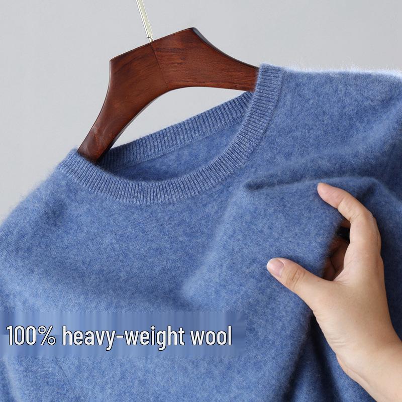 Men's 100% Wool Round Neck Loose Casual Sweater - Thickened Long Sleeve Knitwear