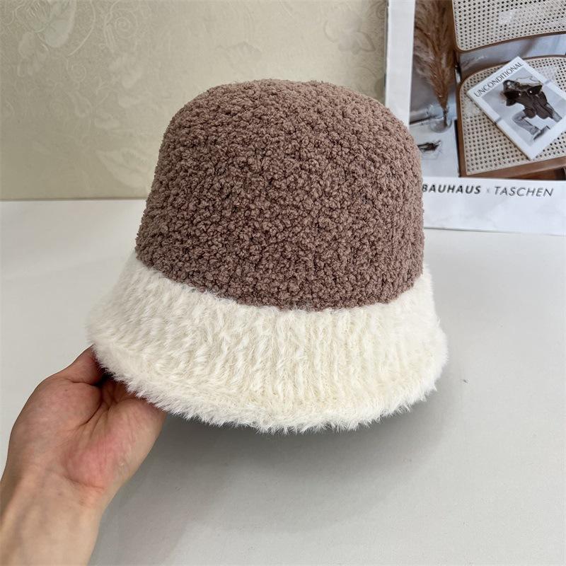 Color Matching Plush Hat Women's Autumn and Winter New Face Small Bucket Hat Cute Thickened Warm Lamb Wool Basin Hat
