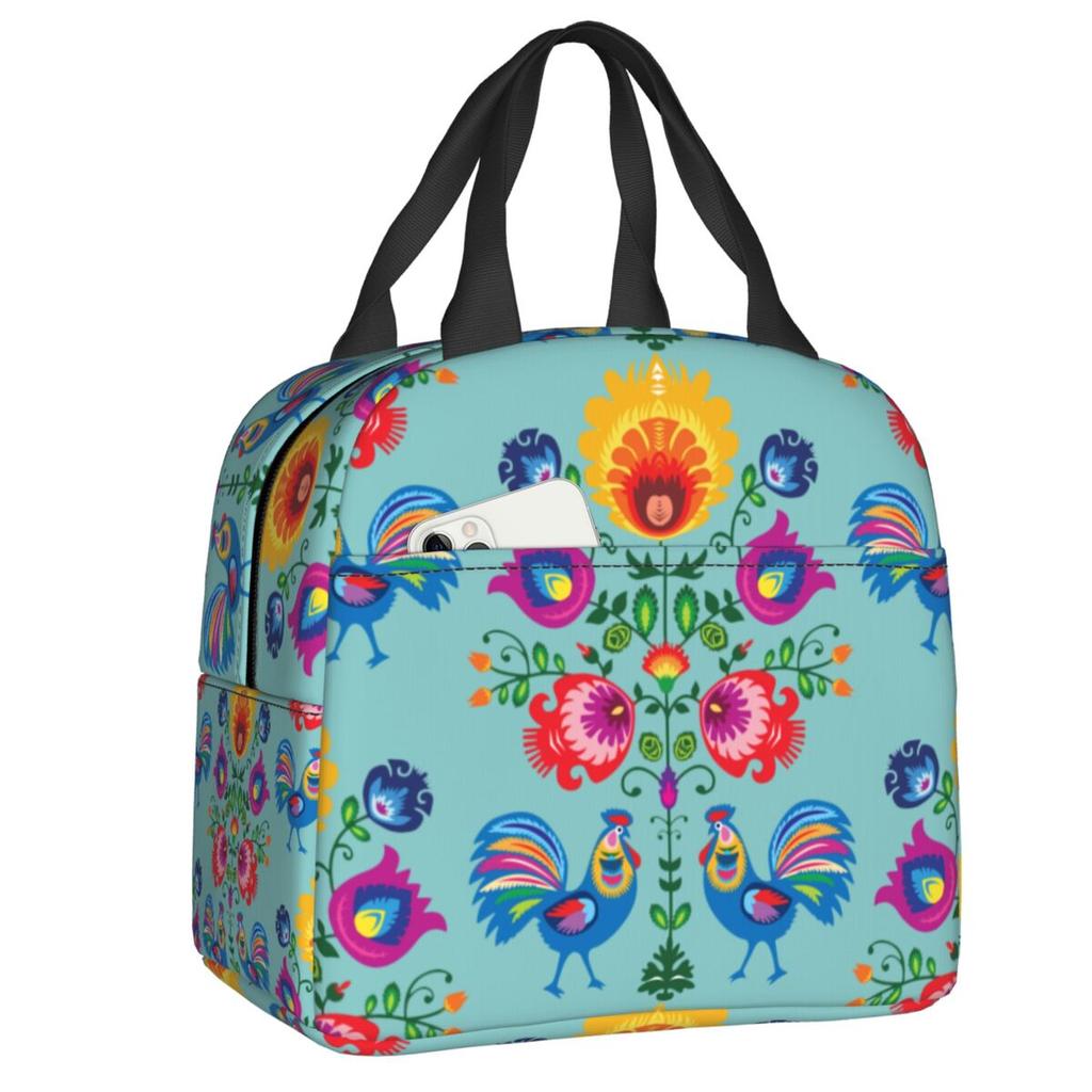 Poland Folk Roosters Lunch Bag Women Cooler Thermal Insulated Polish Floral Print Lunch Box for Children School Food Picnic Bags
