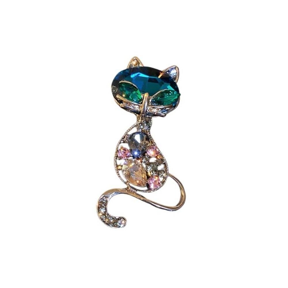 Colorful Rhinestone Blue Crystal Cat Brooches Corsage Daily Banquet Clothes Metal Pin  Girls Animal