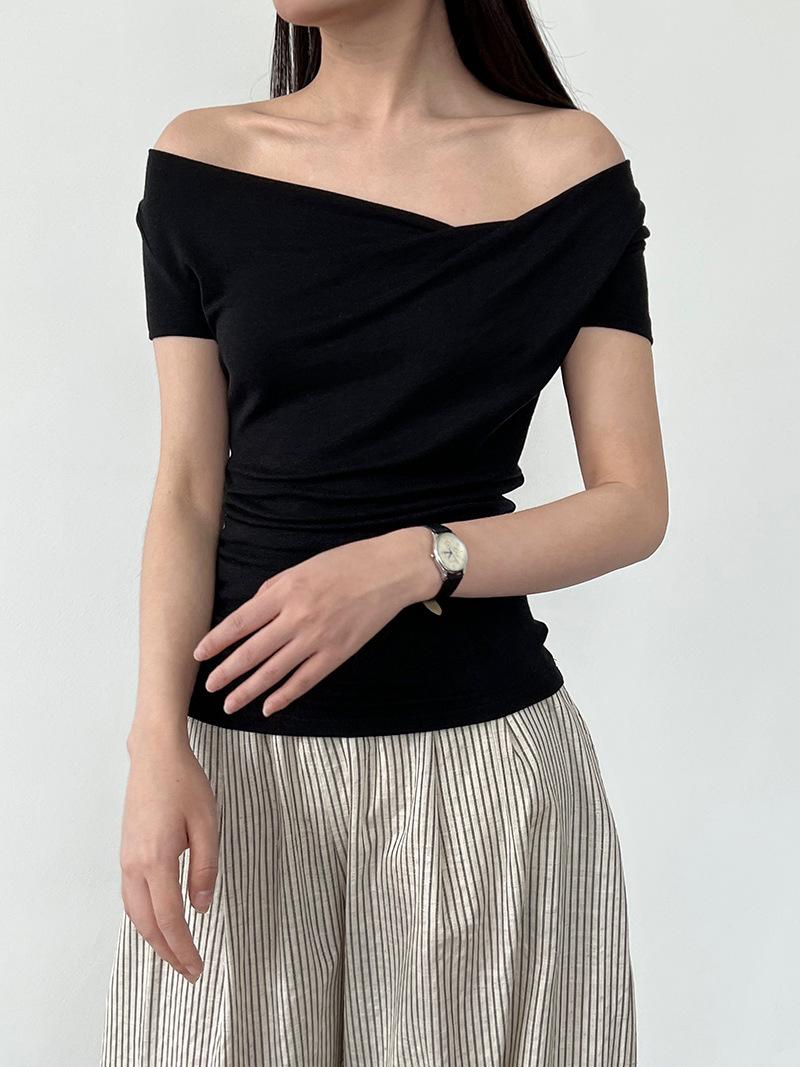 

LUXI Women s Summer Silk Wool Asymmetrical Neck Short Sleeve T-Shirt - Light, Soft, Slimming Top L