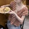 Cămașă Elegantă din Dantelă cu Carouri Vintage, de Vară, cu Mânecă Scurtă, Casual, cu Decolteu în V, Haine Femeie, Stil Coreean Dulce, Bluză cu Șnur și Fundă