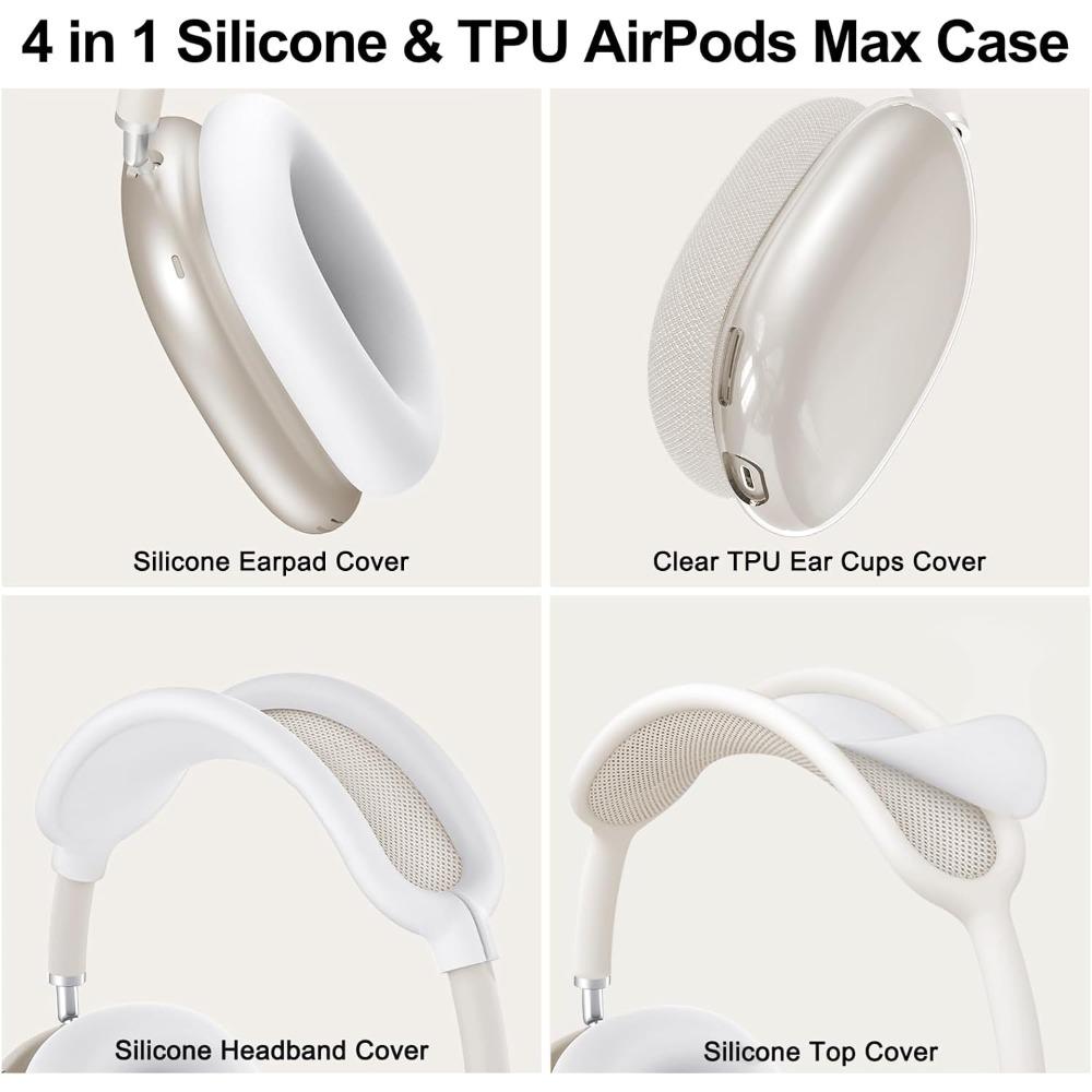 4 In 1 Silicone Case for AirPods Max Clear Soft TPU Ear Cups & Headband Cover