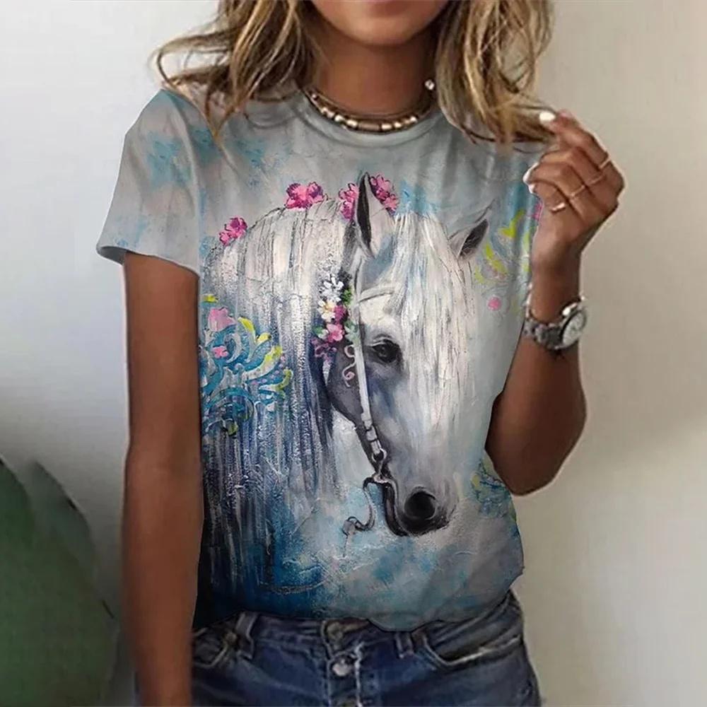 Summer Horse 3D Print T-shirts Women Streetwear Casual Fashion Oversized Short Sleeve T Shirt O-neck Tees Shirt