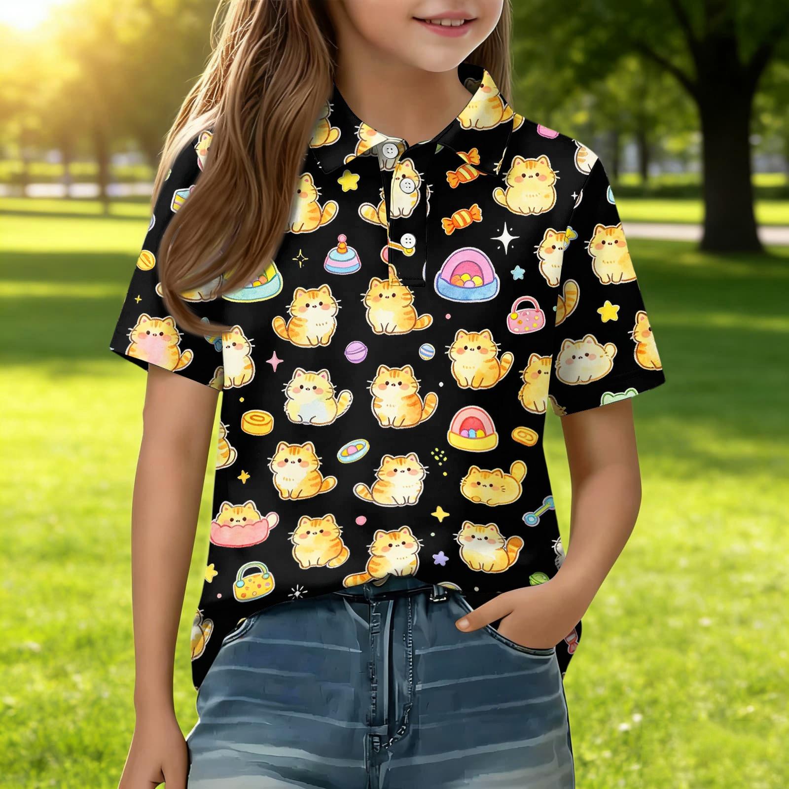 

Kids Casual Short Sleeve Polo Shirt Animal Print Top Button Down Collar Comfortable Fit Soft Fabric 150 чорний
