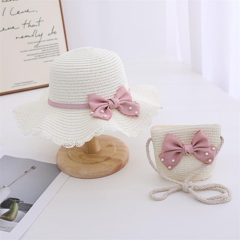 3-8 Years Little Girl Beach Straw Hat And Bag 2pcs Set Summer Travel Princess Bowknot Children's Sun Cap