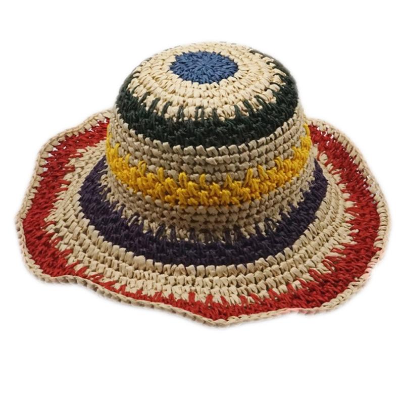 Hyunya Style Japanese Export Colorful Striped Hand-Woven Straw Hat Women'S Summer Sunshade Resort Beach