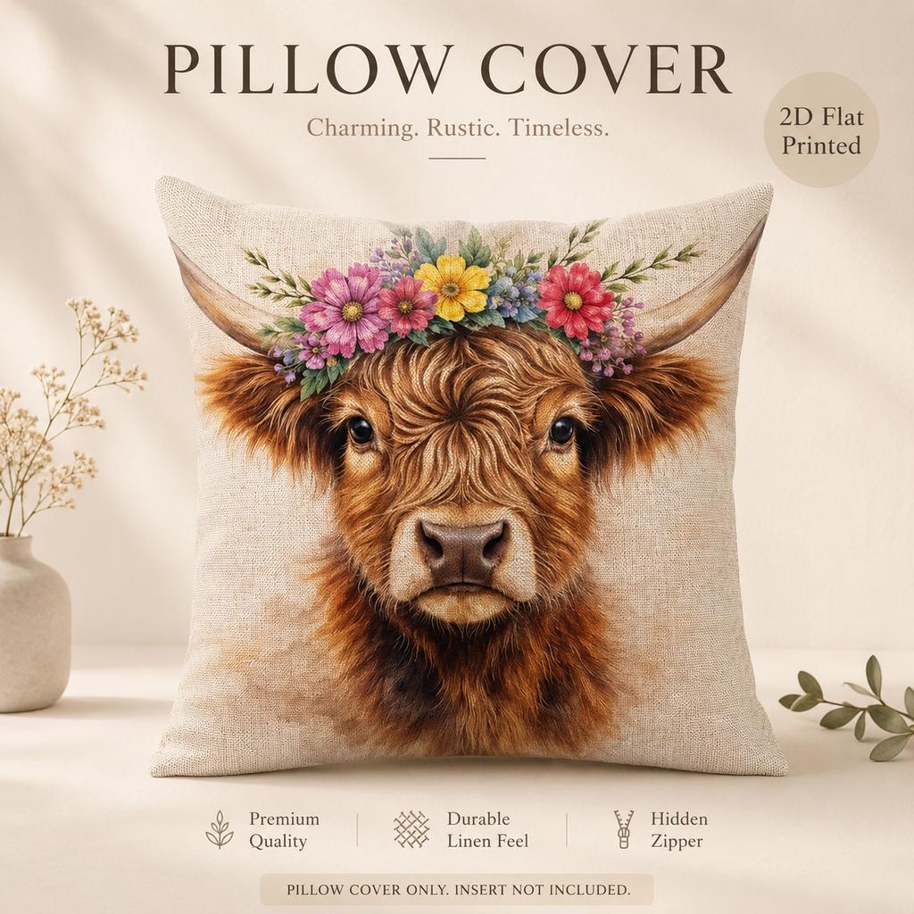 Highland Cow Floral Crown Pillowcase D Flat Printed Peach Skin Cushion Cover Rustic Farmhouse Home Sofa Decor Throw Pillow