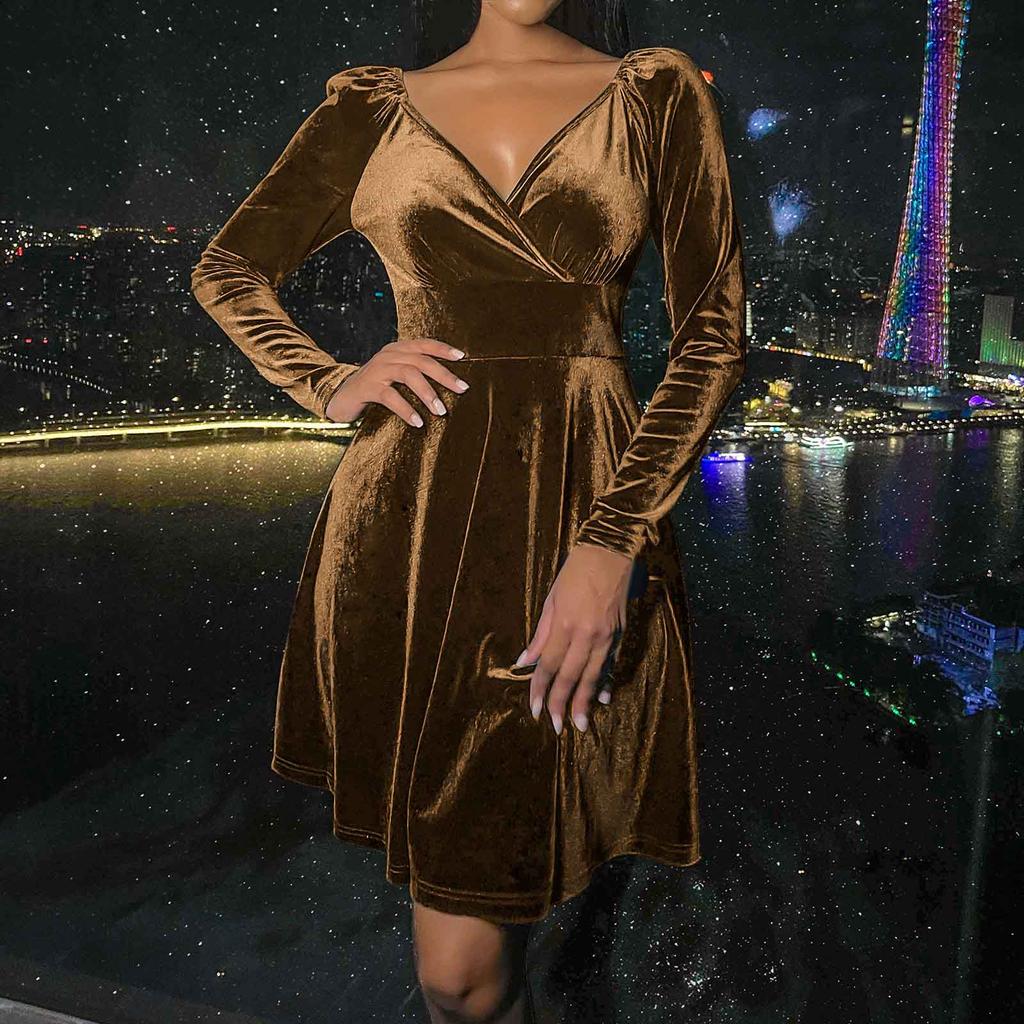 Dámská móda A Zimní Sexy Sametové Šaty s Výstřihem do V Malé Šaty
