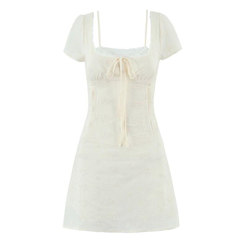 Heart Sweet Pear Super Nice Gentle Temperament Lace-up Short dress Fake Two Pieces Lace Edge Waist Hugging Slimming A Word Dress