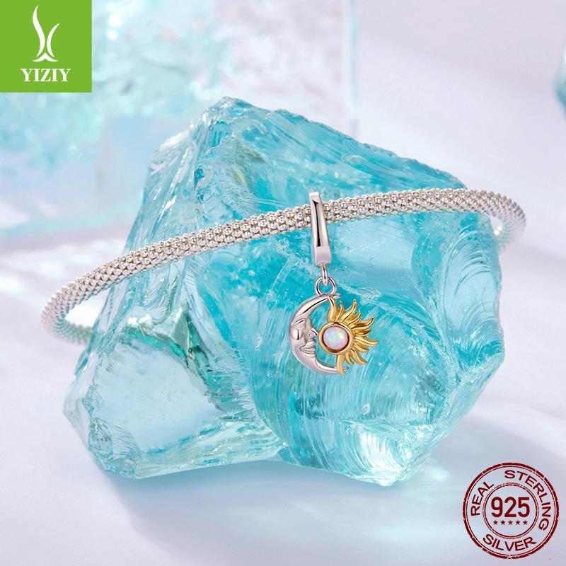 S925 Silver Opal Sun And Moon Opening And Closing Buckle Pendant Accessories Niche Plated K Gold Sun And Moon Beads