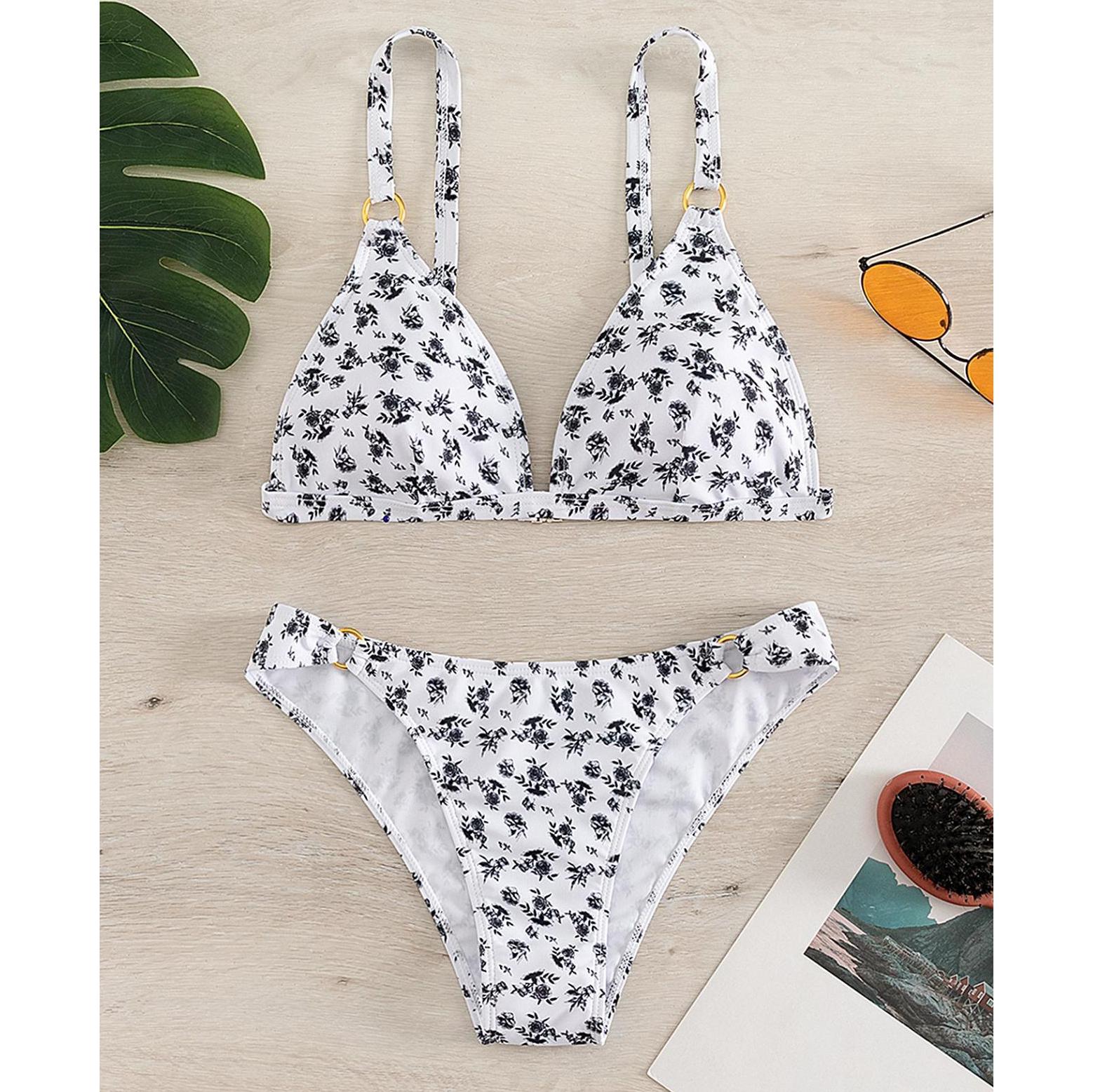 

Трикутний набір бікіні з квітковим принтом. Жіночий купальник із заниженою талією. Жіночий купальний костюм. Сексуальний літній купальний костюм. S чорний