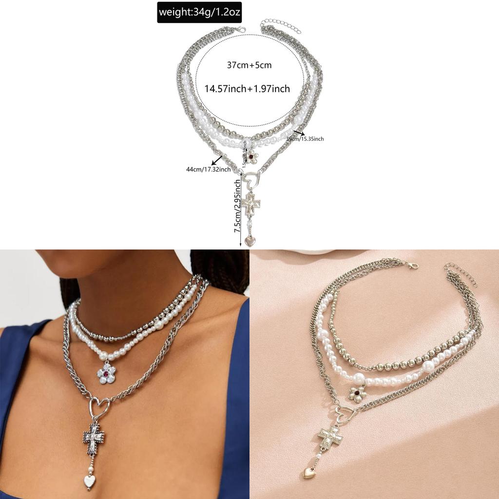 Gothic Cross Heart Pendant Necklace With Multilayer Pearl Design For Women And Men