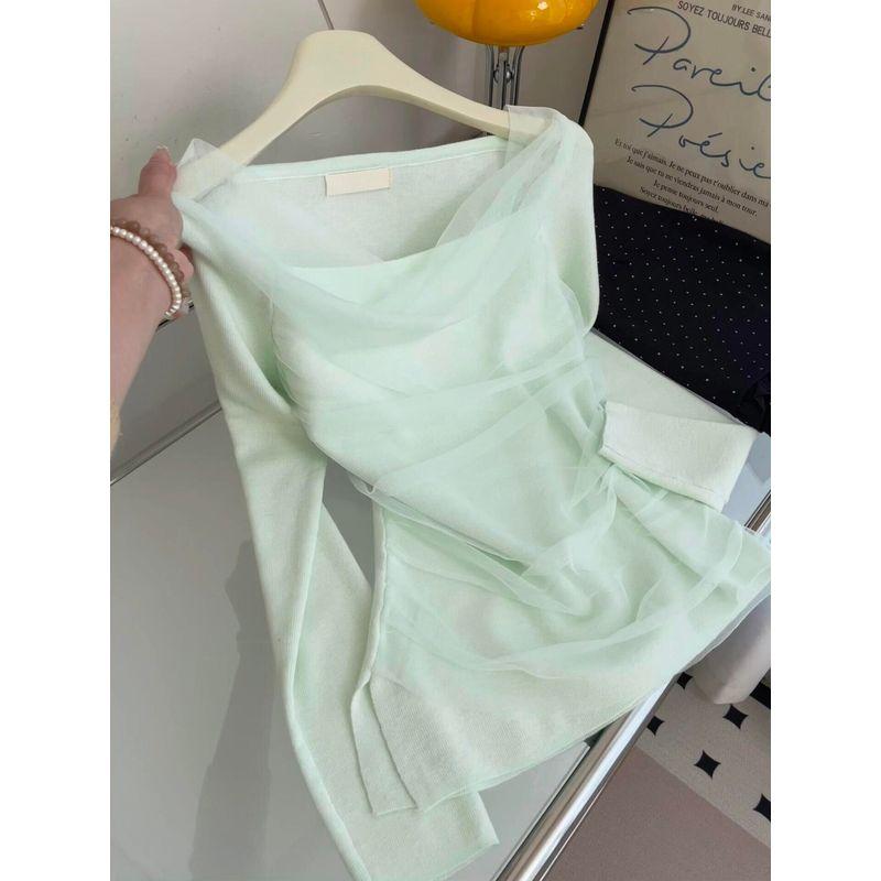 

Fake Two-Piece Off-Shoulder Knitted Sun-Protective Cover-Up Top 2026 Spring New Design Stylish Slim-Fit T-Shirt Women s Clothing Green S