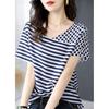 Short-sleeved T-shirt Women's New Summer Top Fashionable Elegant and Fresh Age-reducing Splicing Striped Printed Chiffon Shirt