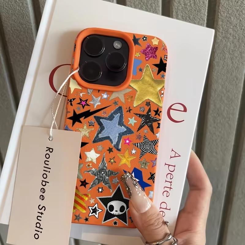 

Stylish And Colorful Star-Pattern Phone Case For iPhone 17 Pro Max 16 Plus 15 Pro 14 13 12 11 XR 17Air Lychee Textur Soft Cover iPhone XS Max оранжевый