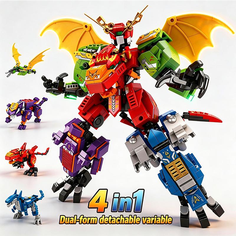 4IN1 Mecha Building Blocks Dinosaur Mecha Transforming Robot Animal Building Blocks Boy Birthday Gift Children Toy Holiday Gift