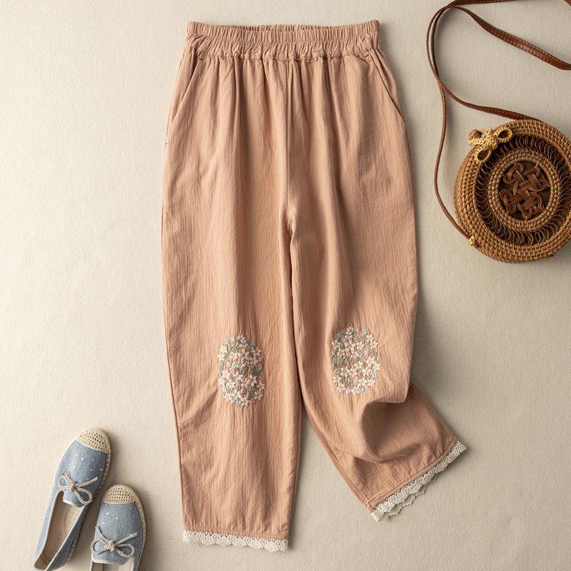 Women's Summer Cotton Linen Embroidered Harem Pants with Artistic Lace Stitching – Casual Nine-Point Bloomers