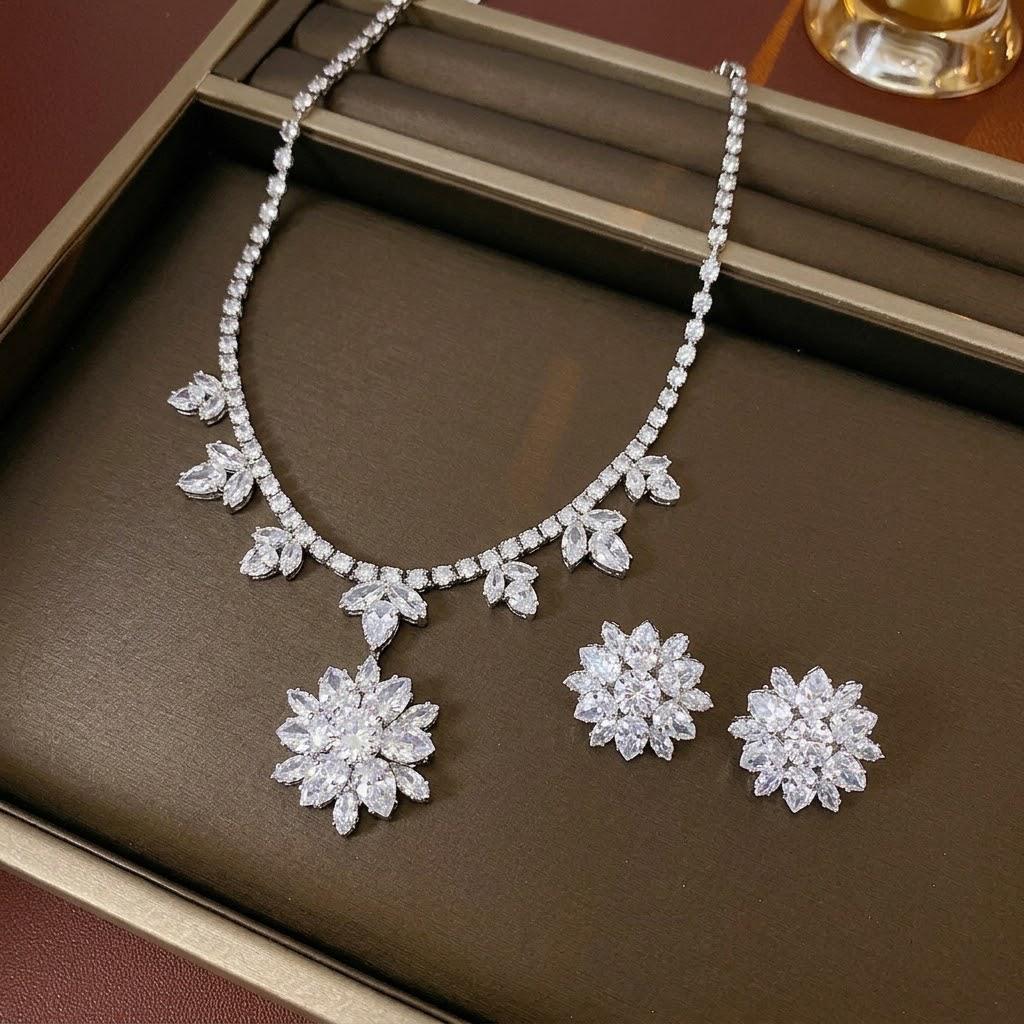 European and American Style Zircon Sunflower Necklace and Earrings Set for Women