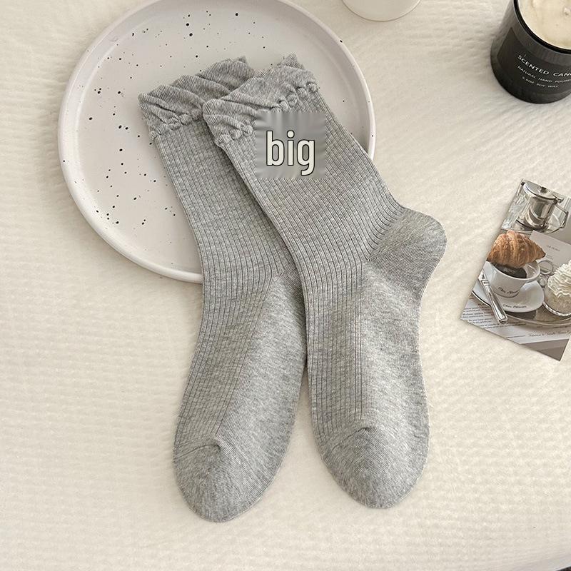 Bow Lace Miu Cartoon Off-White Mid-Calf Socks with Wood Ear Trim - Autumn Trendy Accessories