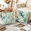 Housse de coussin Feuilles de corail vertes et bleues Housse d'oreiller en lin biologique durable et hypoallergénique Taille courte Lavable Douce pour la peau