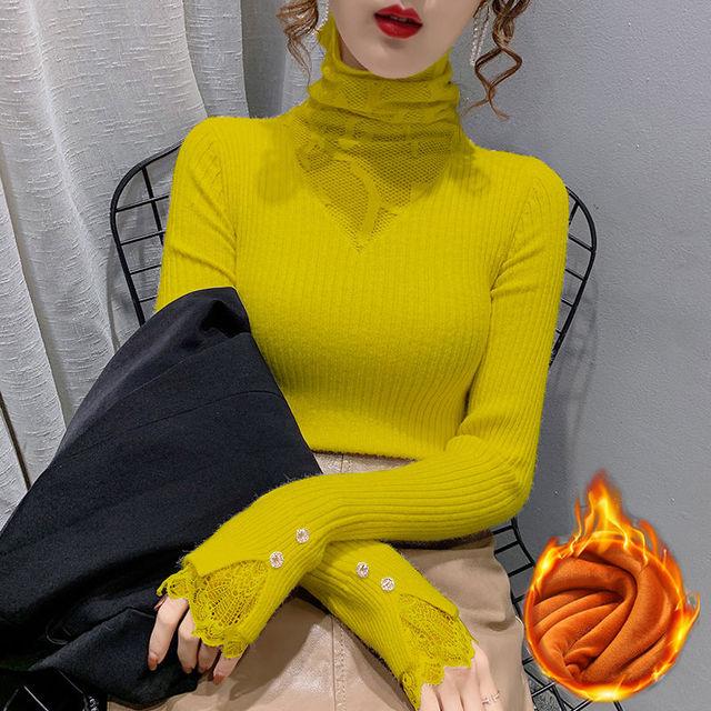 

Добавить бархатную нижнюю рубашку, женскую осенне-зимнюю сетчатую кружевную водолазку, тонкую вязаную женскую рубашку Blusa XXL жёлтый