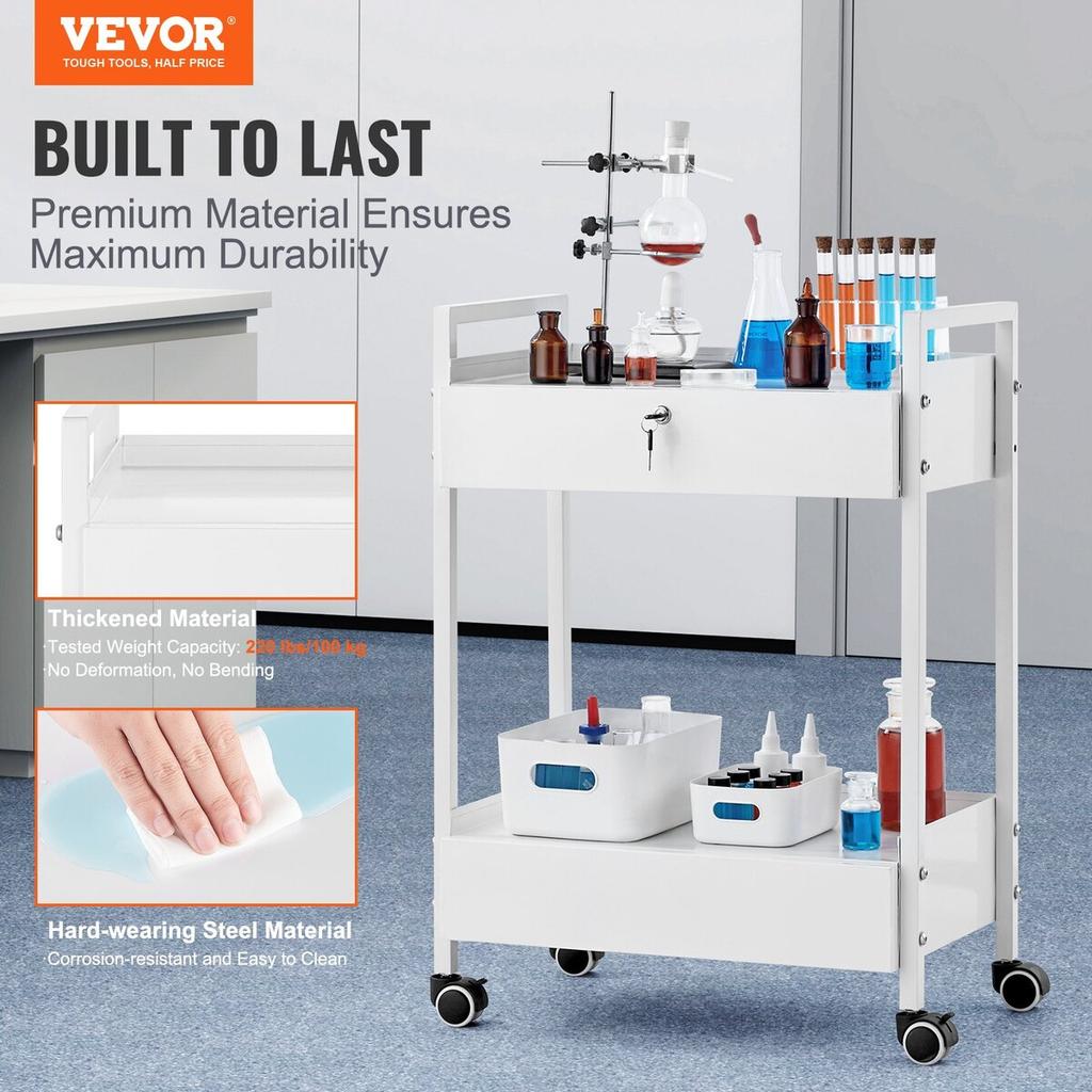 Lab Cart, 2 Tiers Stainless Steel Utility Cart, Medical Cart with 2 Drawers, Rolling Lab Cart White Paint, Serving Cart with Swivel Casters for