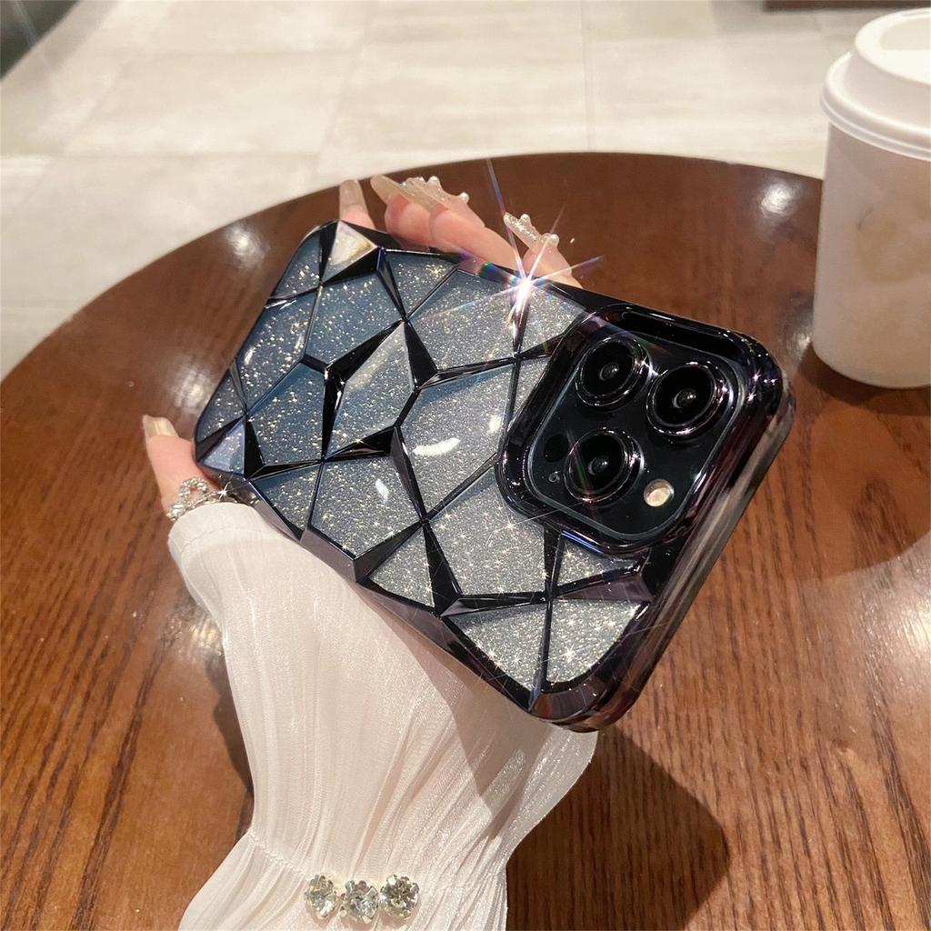 Glitzernde geometrische 3D-Diamant-transparente Handyhülle für iPhone 15 14 13 12 11 Pro Max, luxuriöse Beschichtung, stoßfeste Schutzhülle