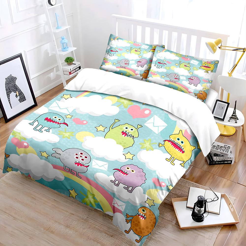 Cartoon monsters among clouds and rainbows Bedding Set for Kids Luxury Gift 3pcs Digital Print Comforter Set Soft Comfortable
