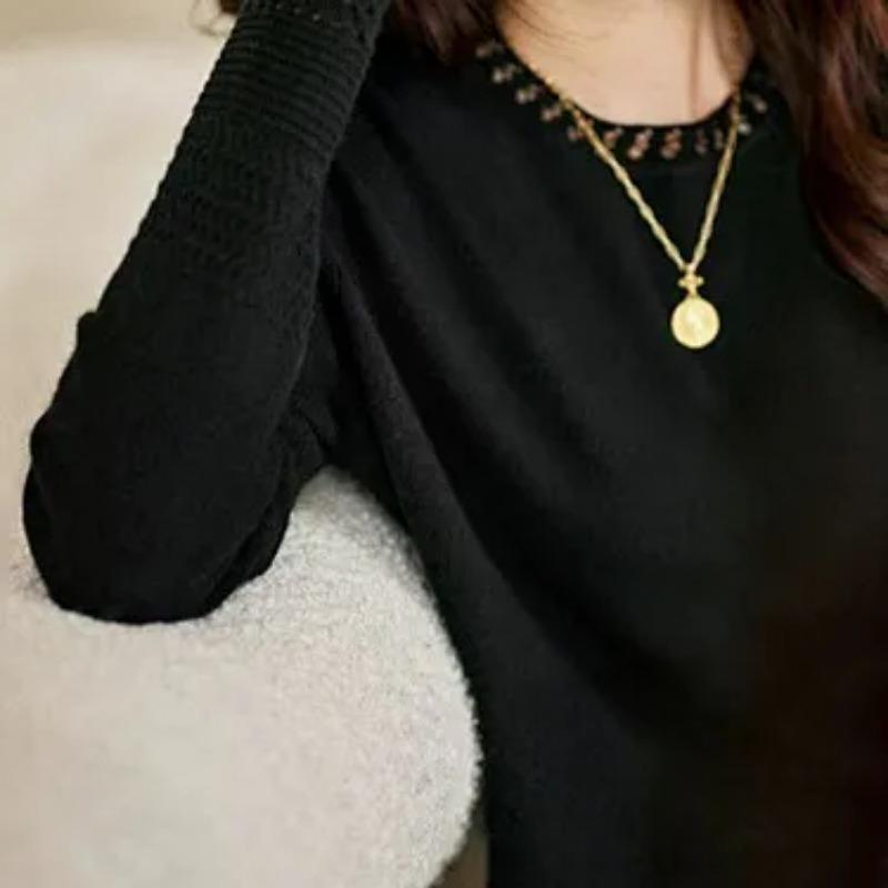 Women Loose Hollow Out Crew Neck Thin Knit Sweater Casual Long Sleeve Pullover Top