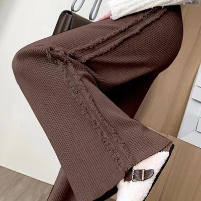 Autumn Women's Pants Knitted Side Fringe High Waist Loose Slim Comfortable Solid Color Ladies Wide Leg Straight Pants