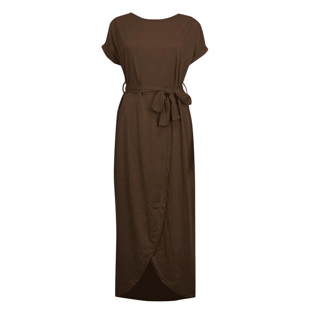 Damen Sommerkleid Rundhals ärmellos A-Linie Kleid Saum Gürtel Swing Strandkleider