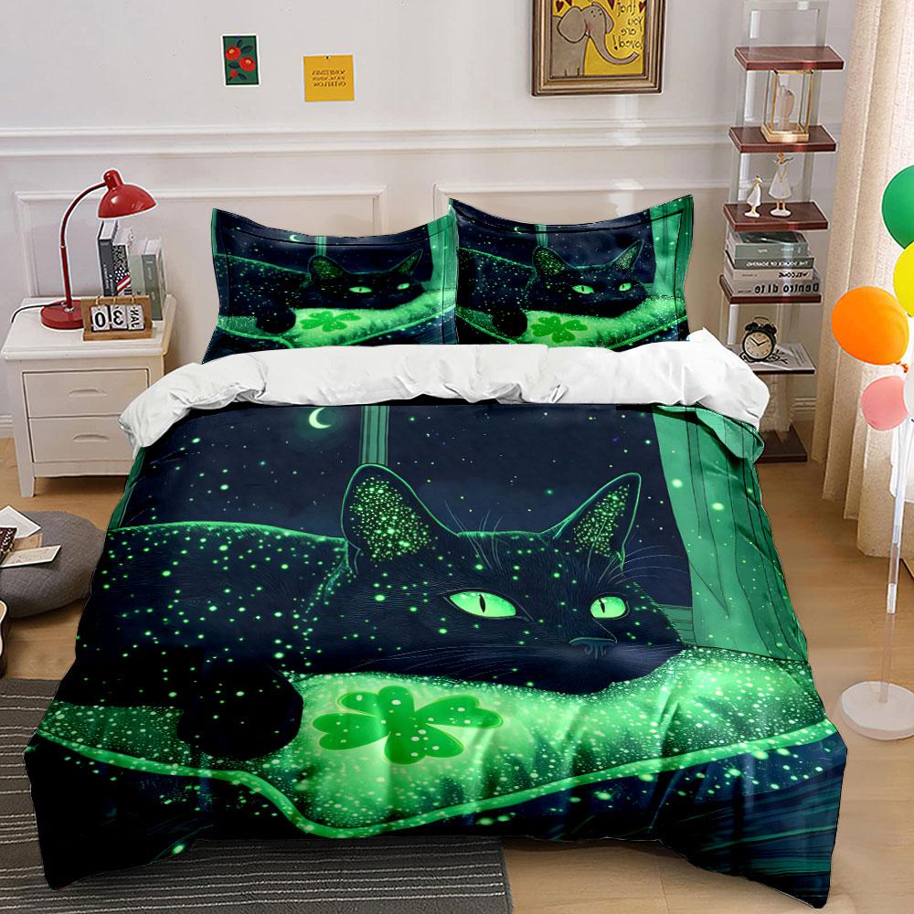Glowing Black Cat with Clover Bedding Duvet Cover Set (1*Duvet Cover 2*Pillowcases, Without Duvet Insert)