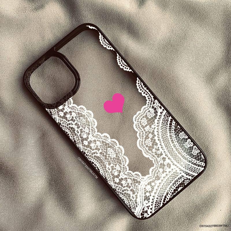 Cute Black White Lace Floral Pattern Phone Case For iPhone 16 17 Pro 15 17Air 13 11 12 XS Max 7 8 14 Plus XR Clear Hard Cover