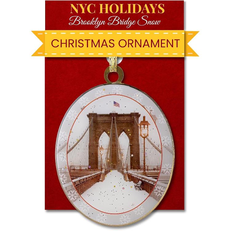 Brooklyn Bridge Snow New York Ornament - NYC Holiday Collectible, Double-Sided Brass with Glitter and Epoxy, Gift-Boxed, 2.5 x 3 Inch by ArtMalore
