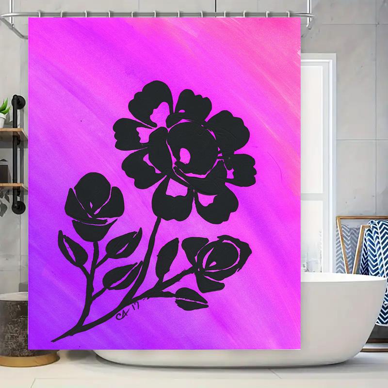 

Vibrant Floral Shower Curtain Bold Purple Pink Design With Black Silhouette Flowers For Bathroom Decor – Perfect Gift Idea W60H190(CM)-1 Pcs