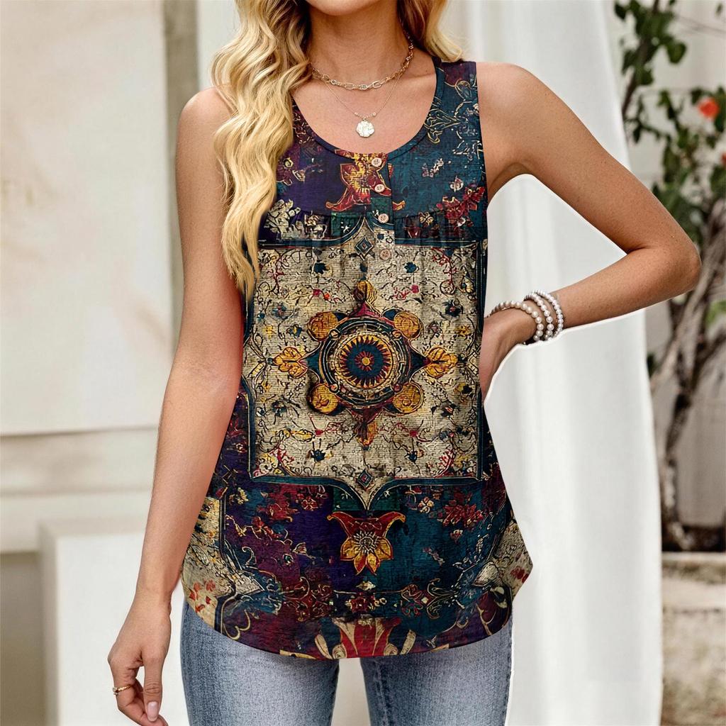 Top Gilet da Donna Nuovo alla Moda Retro Floreale a Strisce Stampa Texturizzata Girocollo Largo Casual Senza Maniche con Bottoni