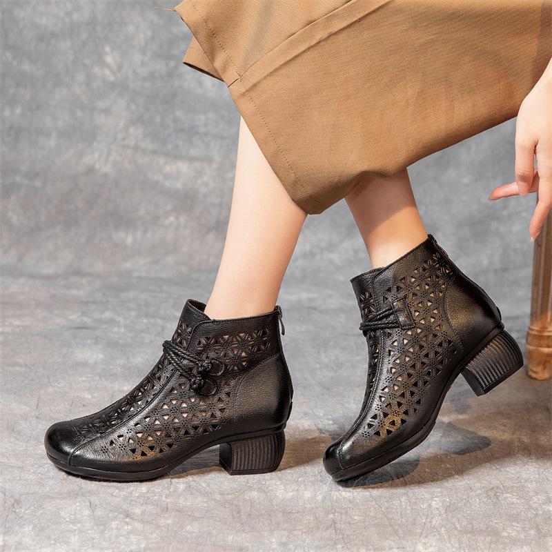 2025 Summer Genuine Leather Peep-Toe Perforated Mid-Heel Sandals - Women's Retro Chunky Heel Martin Boots.