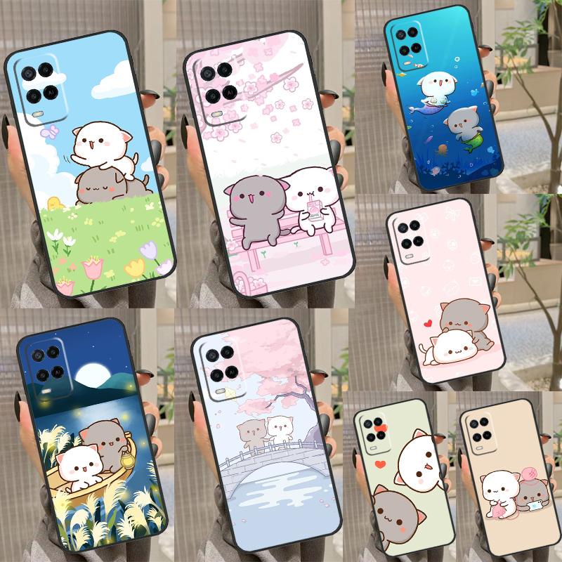 Cartoon Peach Mochi Cat Case For OPPO A96 A76 A16 A5 A9 A15 A54 A74 A94 A78 A98 A17 A77 A52 A72 A93 A57S A54S A53S