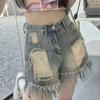High Waist Tassel Ripped Denim Shorts for Women - Summer A-line Wide Leg with Raw Hem